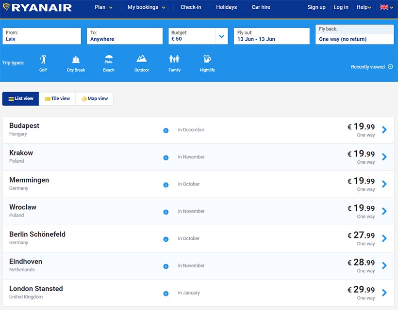 Ціни на перельоти з Львова у Європейські міста на сайті Ryanair