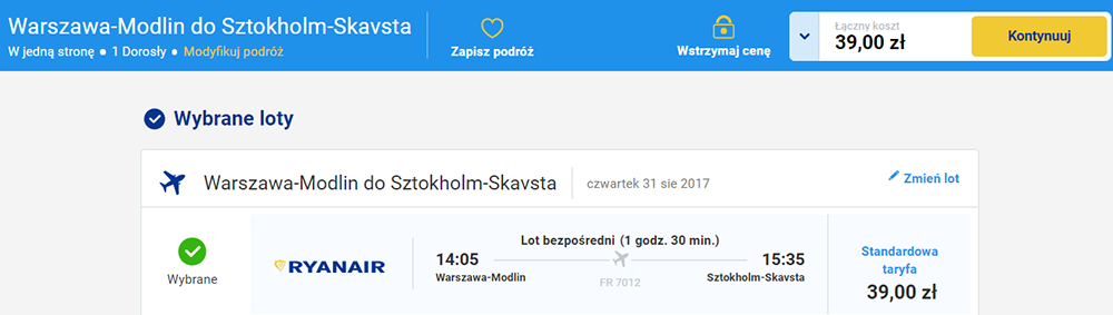 Приклад бронювання перельоту Варшава - Стокгольм-Скавста за 9€