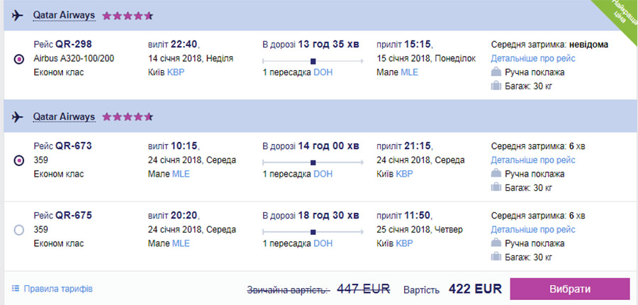 Приклад бронювання Київ - Мале - Київ на сайті Tickets.ua