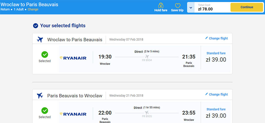 Приклад бронювання перельоту Вроцлав - Париж (Бове) - Вроцлав на сайті Ryanair