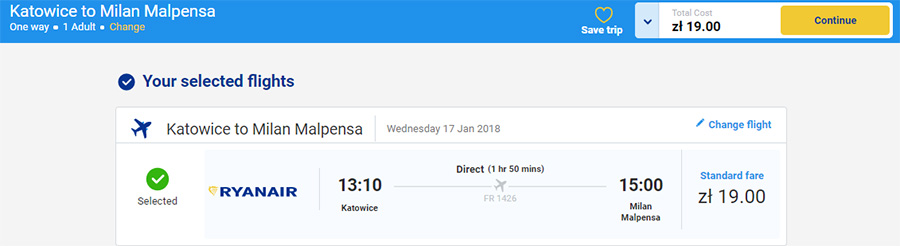 Приклад бронювання авіаподорожі Катовіце - Мілан (Мальпенса) за 4.5€ (19 zl)