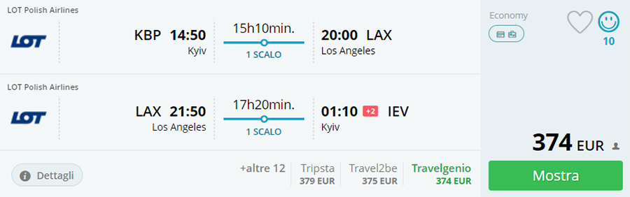 Приклад бронювання Київ - Лос-Анджелес - Київ на сайті Momondo.it