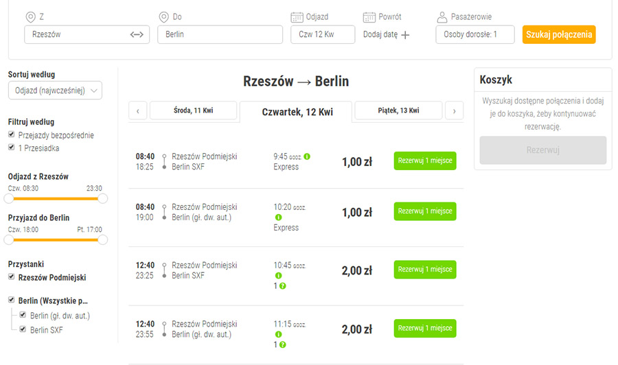 Автобусні квитки  Жешув (Ряшів)- Берлін з мінімальною ціною