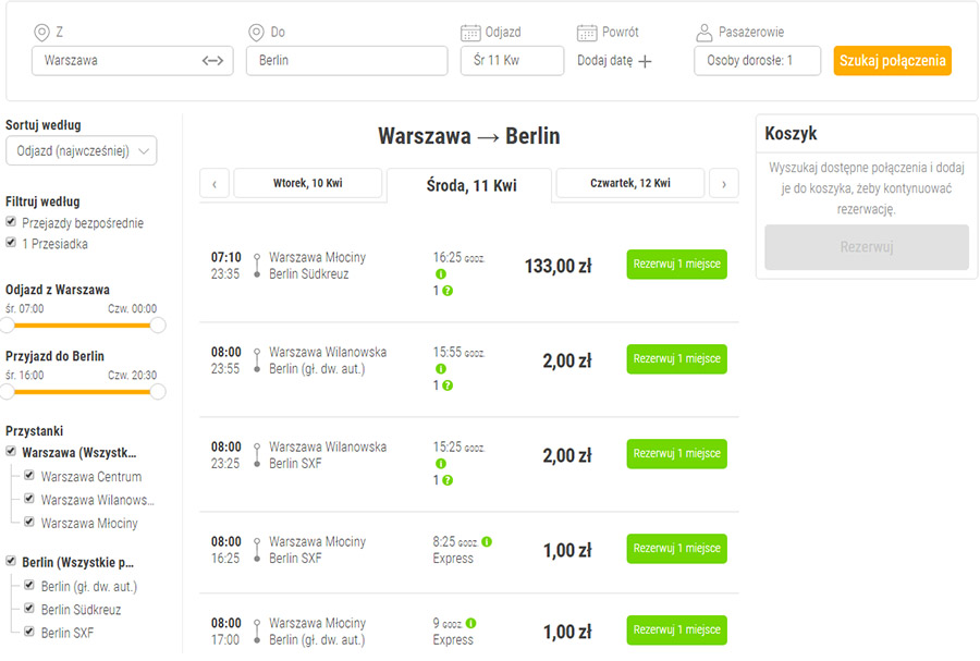 Приклад бронювання квитків  Варшава - Берлін на сайті FlixBus