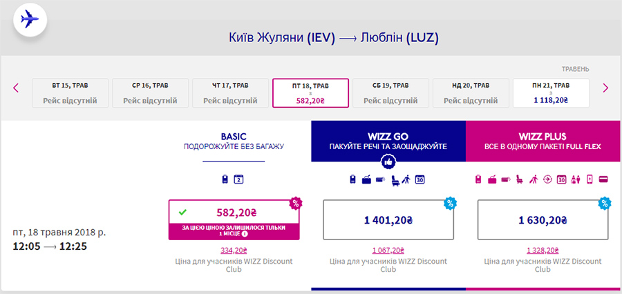 Бронювання перельоту Київ - Люблін на сайті Wizz Air: