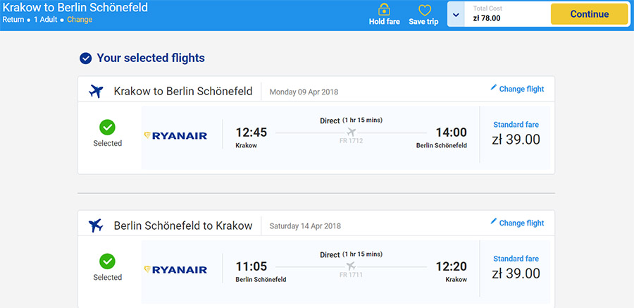 Бронювання авіаквитків Краків - Берлін - Краків на сайті Ryanair: