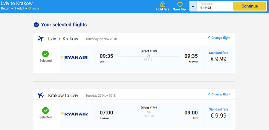 Приклад бронювання перельоту Львів - Краків- Львів на сайті Ryanair