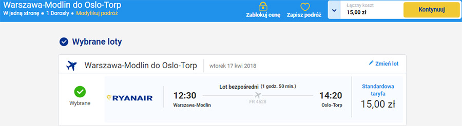 Авіаквитки Варшава - Осло на сайті Ryanair за 3.5€