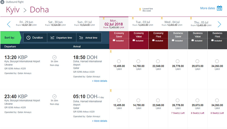Приклад бронювання перельоту Київ - Доха на сайті Qatar Airways