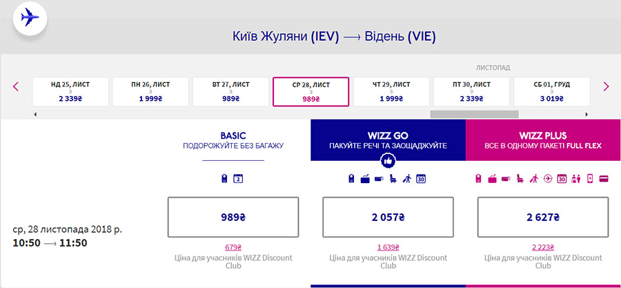Бронювання перельоту Київ - Відень на сайті Wizz Air