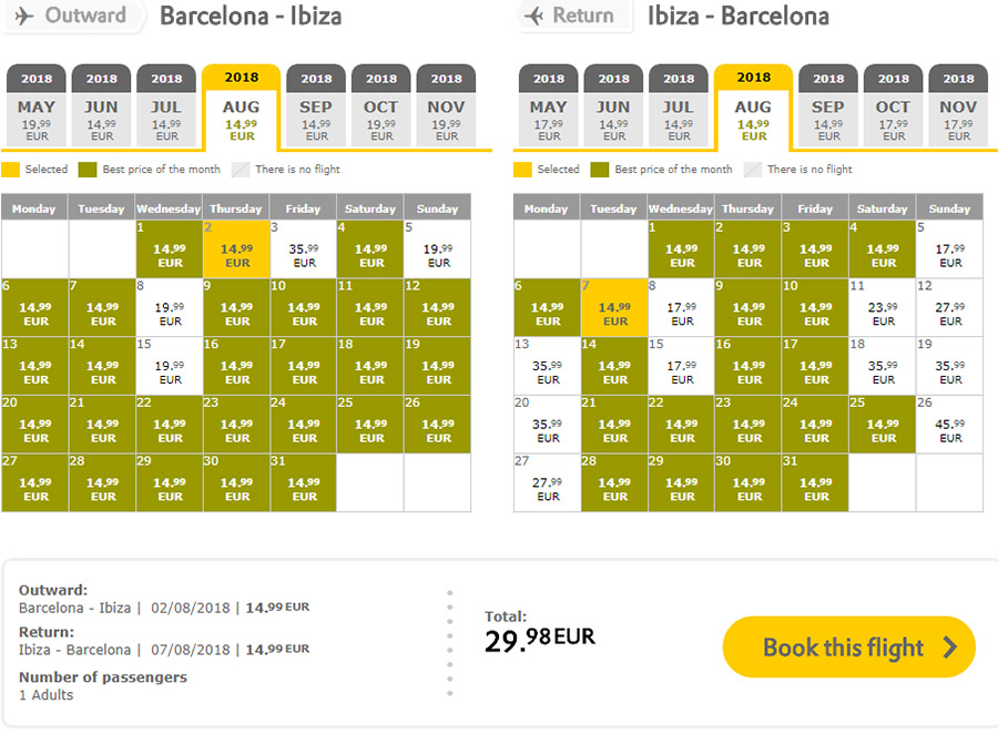 Календар дешевих авіаквитків Барселона - Ібіца - Барселона