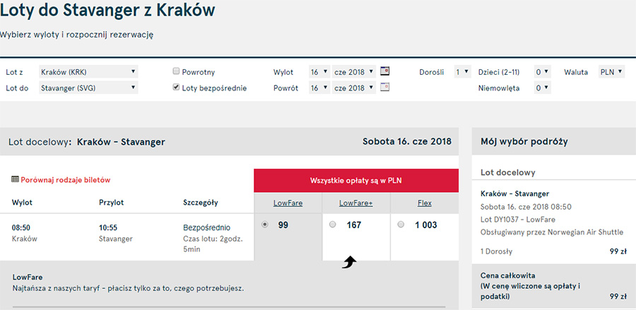 Приклад бронювання авіаквитків Краків - Ставангер (99 zl = 23€)