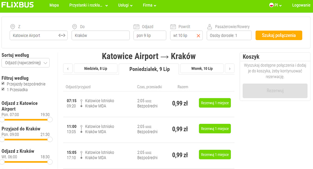 Приклад бронювання квитків Аеропорт Катовіце - Краків за 0.99 Zl (0.2€)