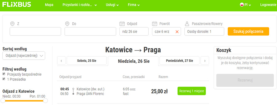 Бронювання квитків Катовіце - Прага на сайті FlixBus