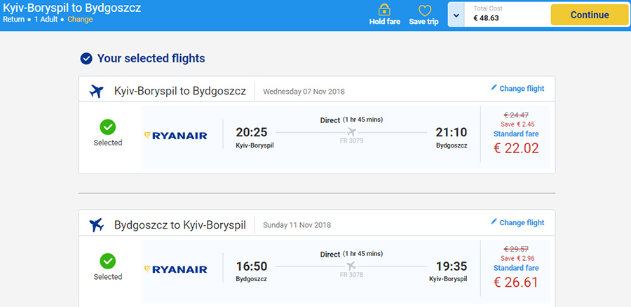 Авіаквитки з Києва у Бидгощ на сайті Ryanair. Приклад бронювання