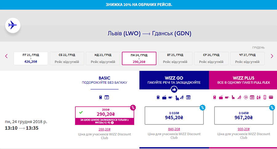 Авіаквитки Львів - Гданськ зі знижкою 20% на сайті Wizz Air: