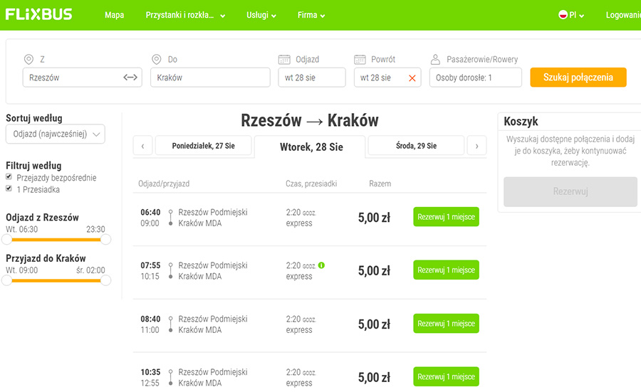 Приклад бронювання автобусних квитків Жешув (Ряшів) - Краківза 1.2€