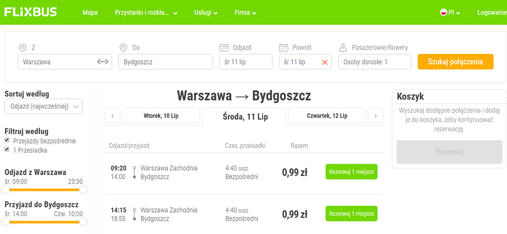 Бронювання автобусних квитків Варшава - Бидгощ на сайті FlixBus
