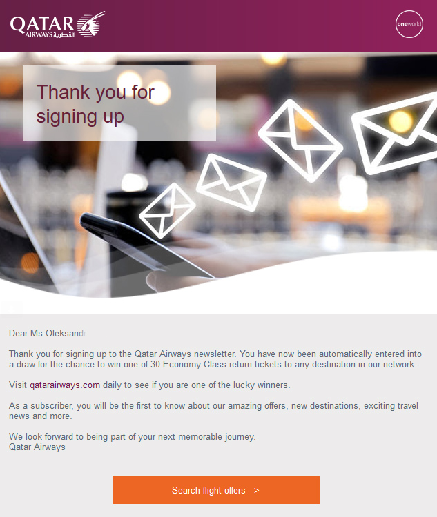 Qatar Airways e-mail confirmation
