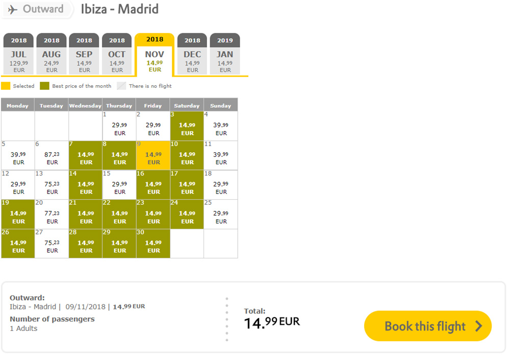 Календар дешевих авіаквитків Ібіца - Мадрид: