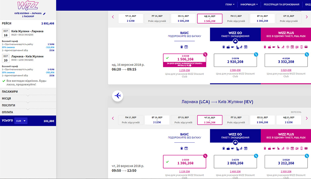 Бронювання квитків на сайті Wizz Air:
