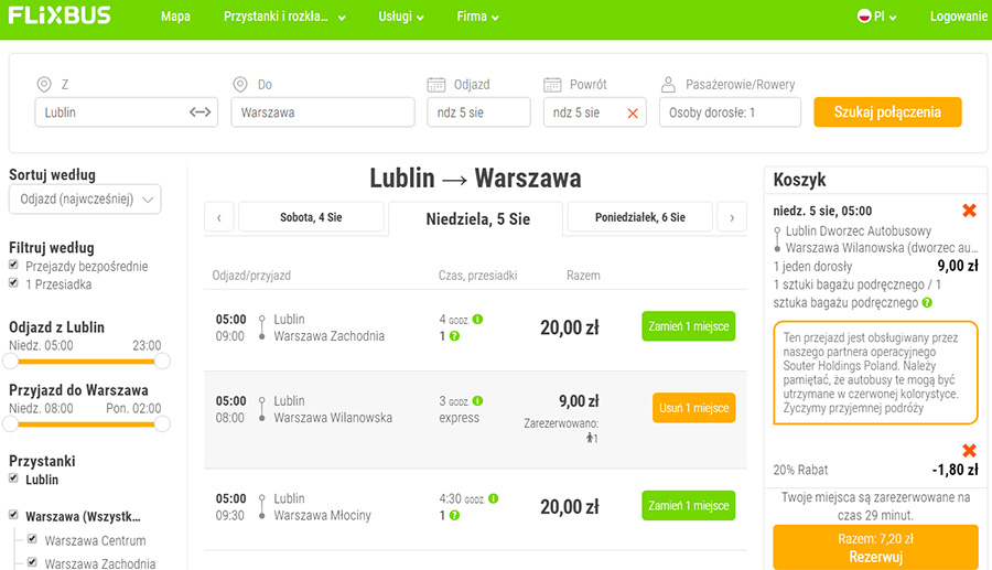  Приклад бронювання квитків Люблін - Варшава зі знижкою 20%