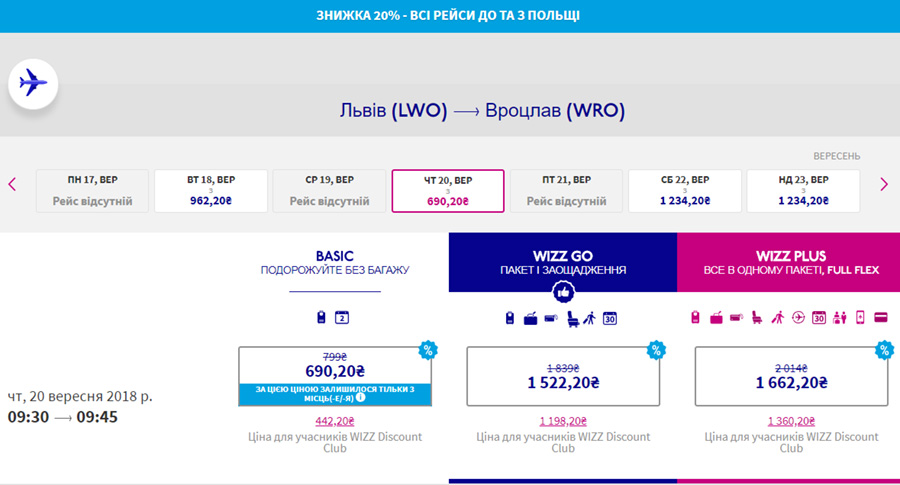 Авіаквитки Львів - Вроцлав зі знижкою 20% на сайті Wizz Air: