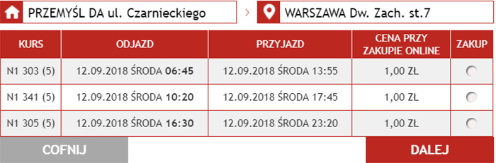 Приклад бронювання автобусних квитків Перемишль - Варшава: