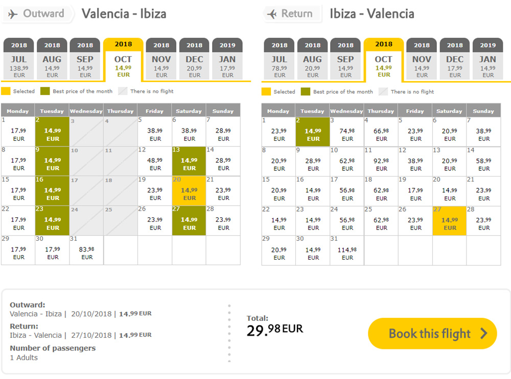 Бронювання авіаквитків Валенсія - Ібіца - Валенсія на сайті Vueling:
