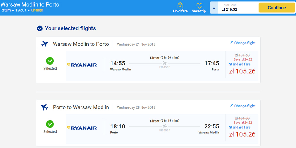 Приклад бронювання перельоту Варшава - Порту - Варшава на сайті Ryanair: