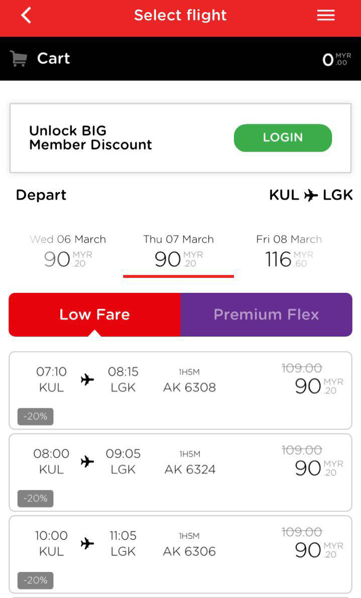 Приклад бронювання перельоту Куала-Лумпур - Лангкаві в мобільному додатку Air Asia