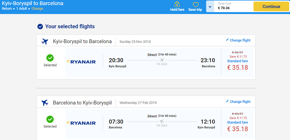 Бронювання авіаквитків Київ - Барселона - Київ на сайті Ryanair