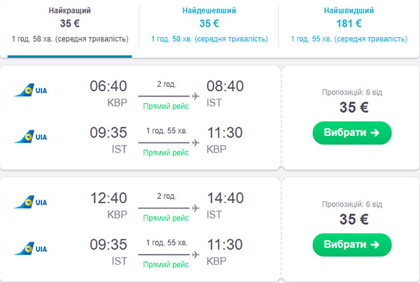 Приклад бронювання перельоту Київ - Стамбул в обидва боки на сайті Skyscanner: