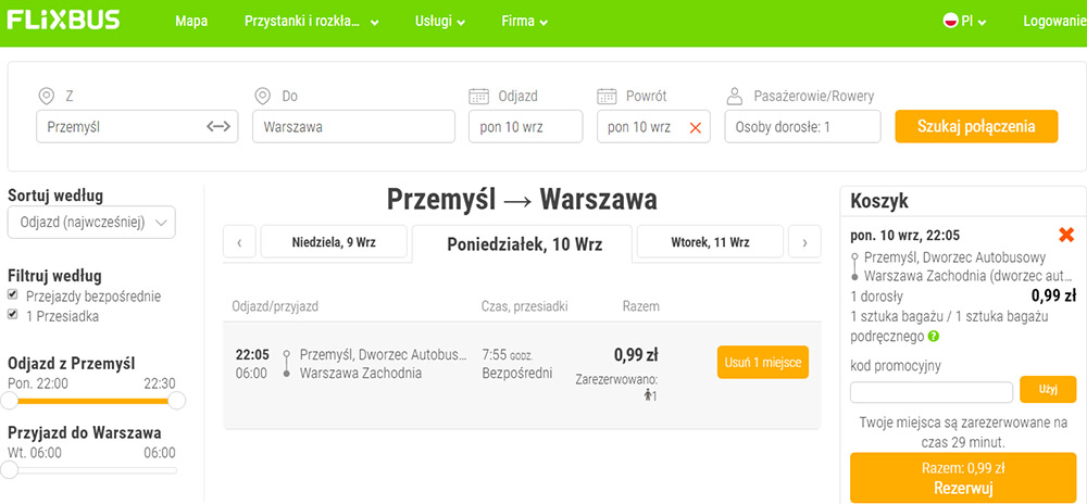 Приклад бронювання квитків Перемишль - Варшава за 0.99 Zl (0.2€):