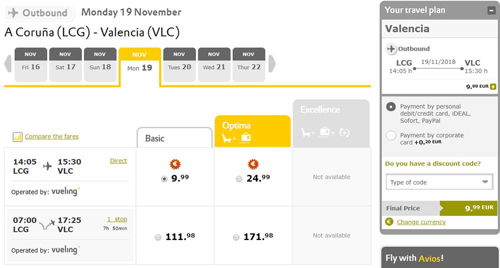 Бронювання авіаквитків Ла-Корунья - Валенсія на сайті Vueling: