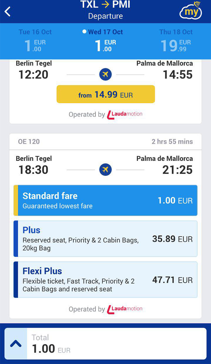 Авіаквитки на Берлін - Пальма-де-Майорка від Lauda Motion в мобільному додатку Ryanair: