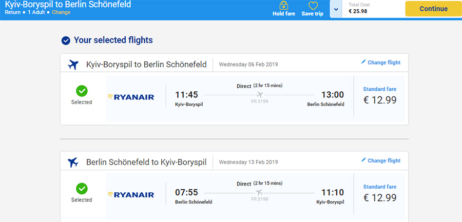 Бронювання перельоту Київ - Берлін - Київ на сайті Ryanair