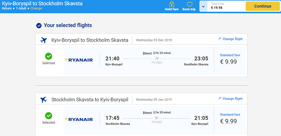 Переліт Київ - Стокгольм - Київ на сайті Ryanair:
