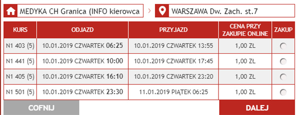 Приклад бронювання автобусних квитків Медика - Варшава