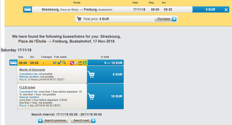 Приклад бронюванна автобусних квитків Страсбург - Фрайбург на сайті RegioJet: