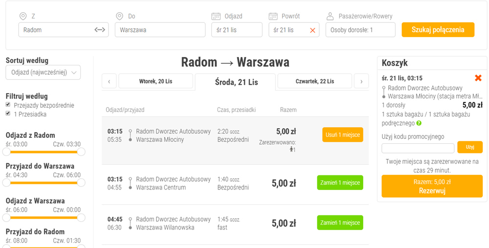 Автобусні квитки Радом - Варшава: