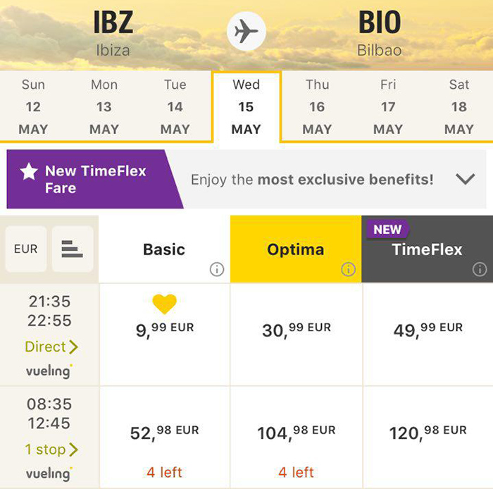 Приклад бронювання квитків Ібіца - Більбао в мобільному додатку Vueling