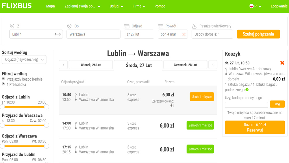 Автобусні квитки Люблін - Варшава: