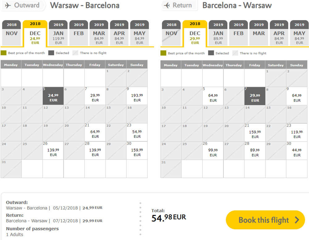 Бронювання авіаквитків Варшава - Барселона - Варшава на сайті Vueling