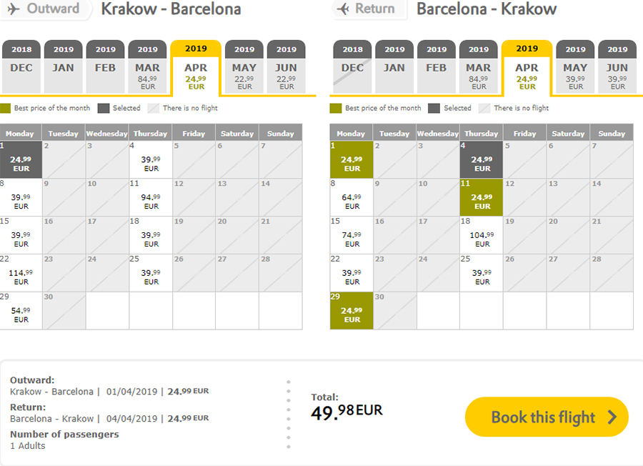 Бронювання квитків Краків - Барселона - Краків на сайті Vueling