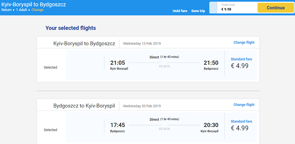 Квитки Київ - Бидгощ - Київ на сайті Ryanair
