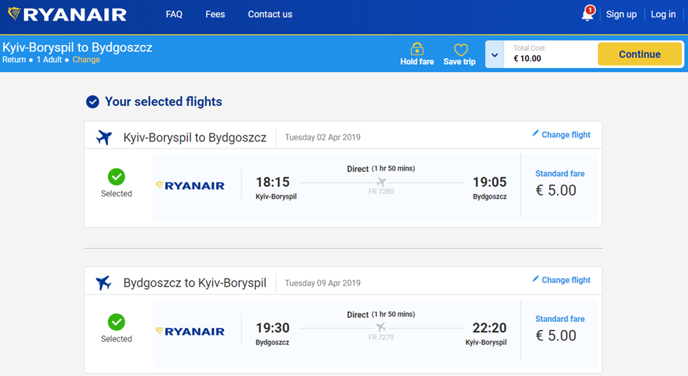 Авіаквитки "туди-назад" із Києва в Бидгощ на сайті Ryanair
