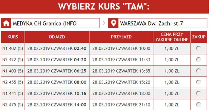 Приклад бронювання автобусних квитків Медика - Варшава на сайті Neobus