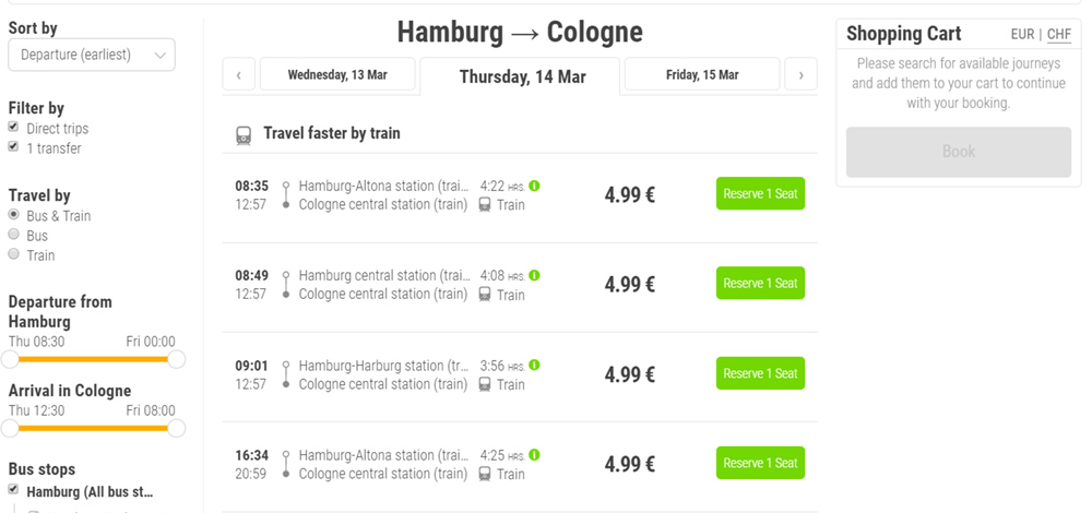 Залізничні квитки Гамбург - Кельн на сайті Флікстрейн