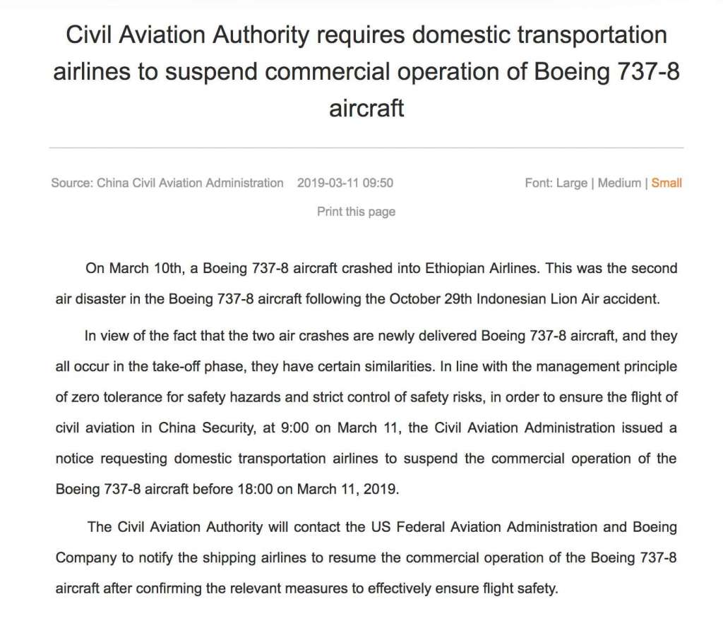 Boeing 737 MAX china ban